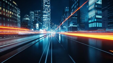 Poster - Night cityscape with light trails and skyscrapers