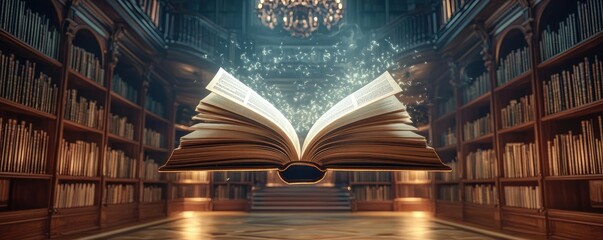 Poster - Books floating in the air on a library and shelf concept. An open book surrounded by a grand library atmosphere.