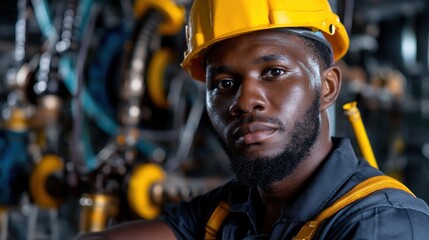 Poster - A man wearing a yellow helmet and safety vest is standing in front of a machine