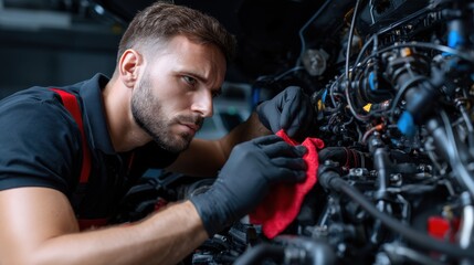 Poster - A man is working on a car engine