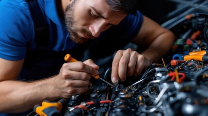 Poster - A man is working on a car engine