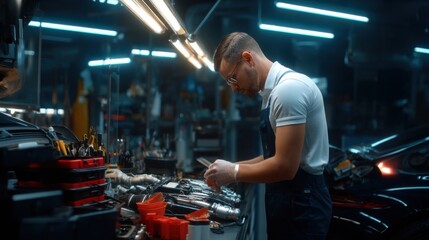 Poster - A man in a blue apron is working on a car engine