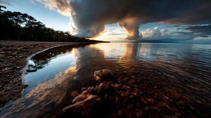 Poster - A beautiful sunset over a body of water with a rocky shoreline