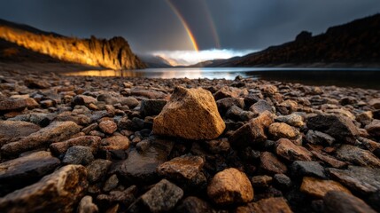 Poster - A rock is sitting on a beach next to a body of water