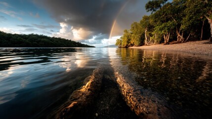 Poster - A beautiful rainbow is seen over a body of water