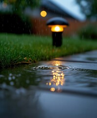 Poster - Urban Eco-Resilience Smart Rainwater Harvesting Illuminated - Sustainable Suburban Night Scene with Innovative Water Management Technology
