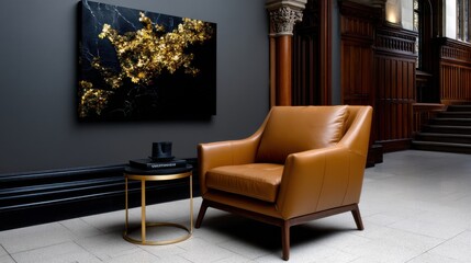 Poster - A brown leather chair is sitting in front of a black framed painting