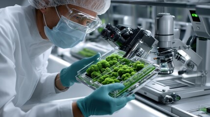 Poster - A scientist is holding a tray of plants under a microscope