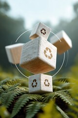 Poster - Regenerative Circular Economy Concept Sustainable Wooden Blocks with Recycling Symbols Floating Above Lush Fern Ecosystem - Innovative Environmental Governance Visualization