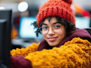 Leinwandbilder - Inclusive Digital Empowerment Gen Z Learner in Cozy Textured Knitwear Mastering Technology with Adaptive Workspace Innovation and Warm Aesthetic Connection