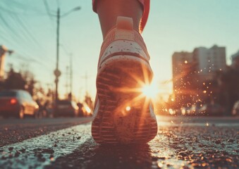 Aufkleber - Urban Fitness Revolution Dynamic Millennial Step Tracking with Sunset Lens Flare - Gamified Health Technology Capturing Urban Wellness Momentum