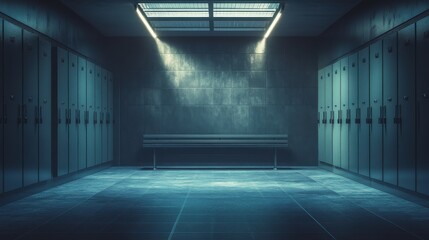 Poster - A shadow-filled, dark sports locker room cubicle with moody lighting highlighting the bench and empty lockers