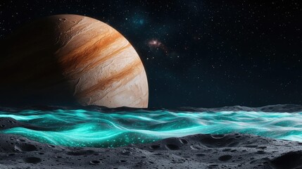 Poster - Landscape of alien planet with glowing oceanic and craters concept. A futuristic view of Jupiter illuminating a cosmic landscape.