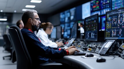 Poster - A man is working at a computer with a group of people around him