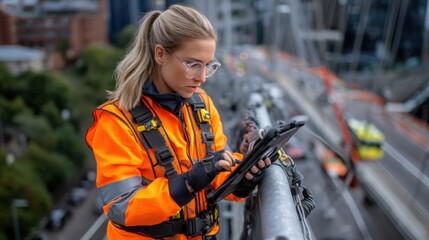 Aufkleber - A woman in an orange safety vest is looking at a tablet