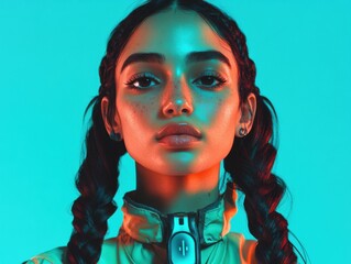 Poster - Cyberpunk Gen Z Innovation Sleek Wearable Tech Portrait Showcasing Digital Aesthetic and Futuristic Personal Connectivity for Next-Gen Consumers