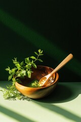 Aufkleber - Botanical Culinary Ritual Organic Wooden Bowl with Fresh Herbs - Minimalist Wellness Styling for Sustainable Gastronomy and Mindful Cooking Experiences