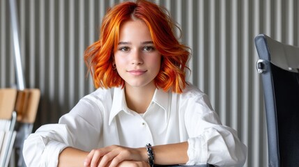 Poster - A girl with red hair is sitting at a desk