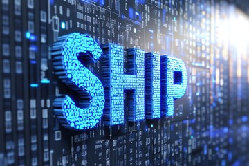 Fototapete - Transformative Logistics AI Innovative Digital Route Mapping Technology Visualizing Supply Chain Optimization with Futuristic Blue Pixel Typography