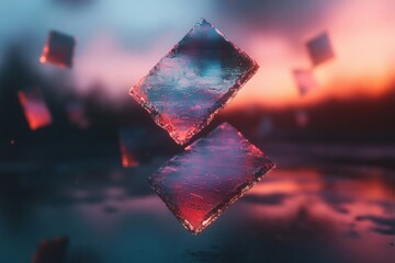 Fototapete - Crystalline Horizons Translucent Geometric Prisms Revealing Immersive Digital Landscapes in Ethereal Sunset - Innovative Visual Technology Exploration