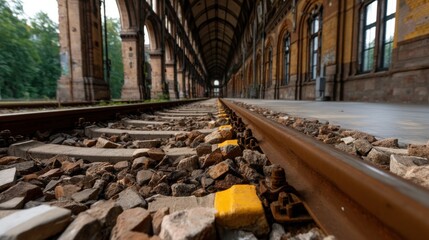 Poster - A train track with yellow and black markers on it