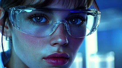 Poster - Close-up of a young woman in safety glasses, focused on research