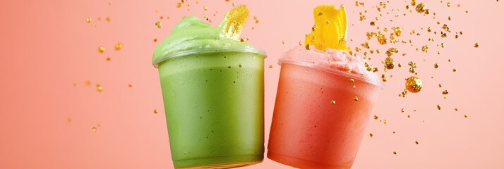Aufkleber - Aesthetic Matcha Fusion Trendsetting Beverage Design with Floating Soft-Matte Cups, Metallic Gold Accents and Elevated Liquid Creativity for Digital Content Creators