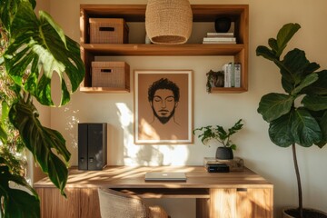 Aufkleber - Biophilic Home Office Design Minimalist Wooden Workspace with Organizational Shelving, Wellness-Inspired Productivity Sanctuary for Remote Professionals