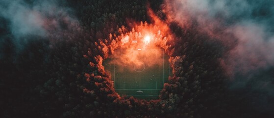 Aufkleber - Cinematic Sports Intensity High-Performance Football Field Illuminated by Dramatic Fire Silhouettes - Next-Gen Immersive Broadcasting Experience