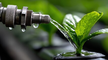 Poster - A plant is being watered with a hose