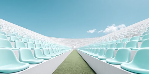 Poster - Minimalist Sports Sanctuary Immersive Stadium Design Showcasing Architectural Symmetry and Future-Forward Event Visualization in Serene Pastel Aesthetics