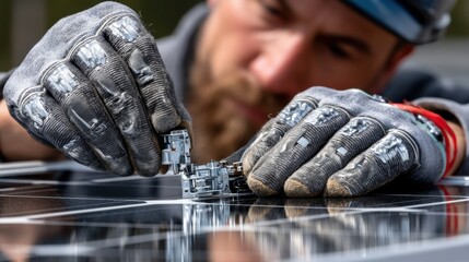 Poster - A man is wearing gloves and fixing a small object