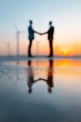 Poster - Sunset Synergy Blurred Professional Collaboration in Renewable Energy Landscape - Minimalist Business Partnership Visualization for Climate Innovation
