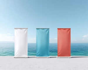 Aufkleber - Minimalist Trade Show Branding Clean Rollup Banner Mockup in Coastal Pastel Palette - Innovative Marketing Communication Design for Global Exhibitions