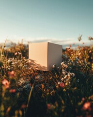Aufkleber - Eco-Conscious Packaging Innovation Biodegradable Cardboard Box Nestled in Wildflower Meadow - Sustainable Design Meets Natural Harmony for Conscious Brands