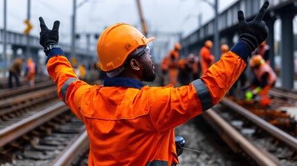 Poster - A man in an orange safety suit is standing on a train track