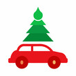 ©  MST RABEYA  BEGUM - Minimalist Vector Graphic Of A Red Car Carrying A Green Christmas Tree For Holiday Designs And Festive Projects