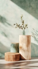 Poster - Minimalist Botanical Stillness Organic Wooden Platforms with Soft Sage Tones - Contemporary Design Narrative for Wellness Branding and Creative Styling