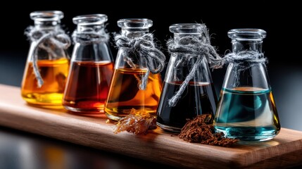 Poster - A wooden board with five different colored glass bottles on it