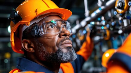 Poster - A man in a safety vest and orange hat is looking up at something