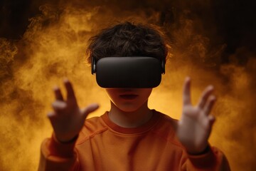Aufkleber - Immersive Gen Z Tech Frontier Virtual Reality Exploration in Warm Amber Atmosphere - Next-Gen Digital Interaction and Sensory Transformation Experience