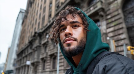 Aufkleber - A man with a green hoodie is standing in front of a building