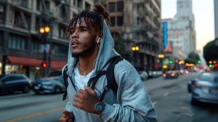 Poster - A man wearing headphones and a hoodie runs down a city street