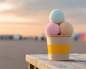Aufkleber - Pastel Gourmet Gelato Sunset Beach Food Truck Culture - Artisanal Summer Dessert Experience for Millennial Foodies and -Worthy Moments