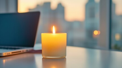 Aufkleber - Mindful Productivity Sanctuary Minimalist Home Office Wellness Aesthetic with Soft Candlelight - Digital Entrepreneurs Serene Workspace Design
