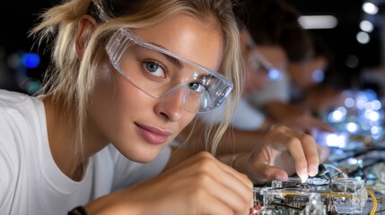 Aufkleber - A woman wearing safety goggles is working on a project