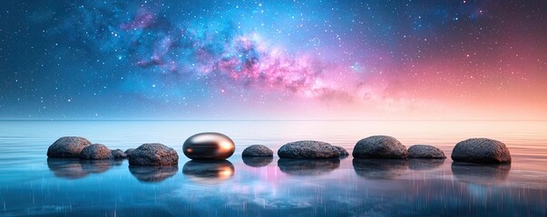 Aufkleber - Landscape of alien planet among galaxy and mystical atmosphere concept. Serene rocks by the water against a cosmic twilight backdrop.