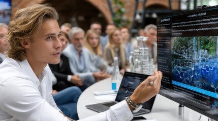 Aufkleber - A man is pointing at a computer screen with a group of people watching