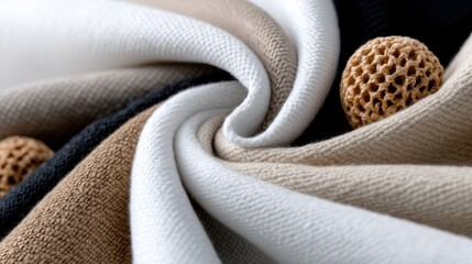 Poster - A bunch of different colored fabric is displayed with a brown ball in the center