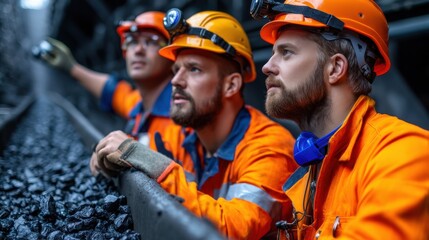 Aufkleber - Three men in orange safety gear are looking at something on the ground